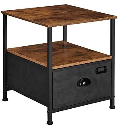 SONGMICS nattduksbord med 2 hyllor och 1 låda - rustikbrun MDF och svart konstmocka/metall (41x41)